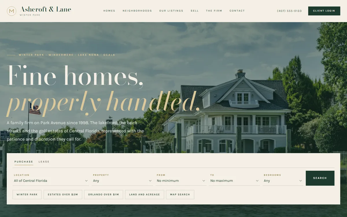 Estate theme, desktop homepage